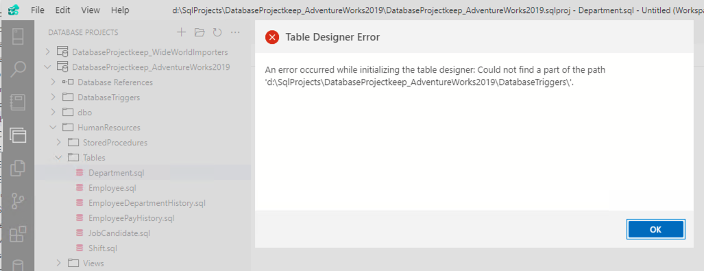Table designer fails to open for sql projects with folders · Issue ...
