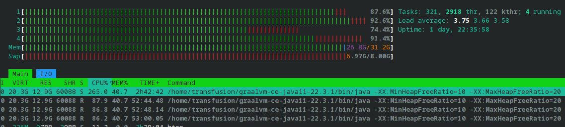 htop screenshot after an hour