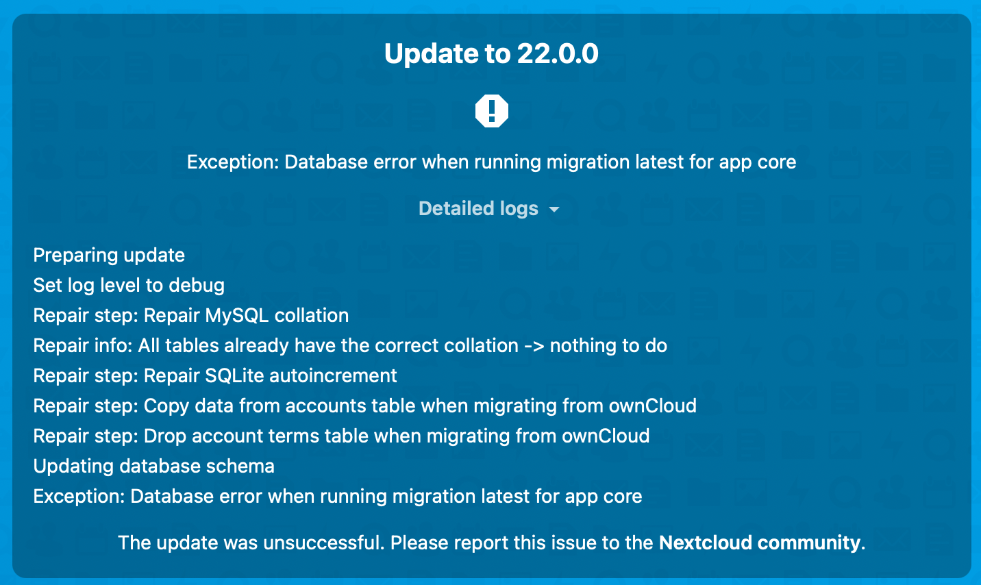 Migration error on update to 22.0.0 · Issue #27998 · nextcloud/server ...
