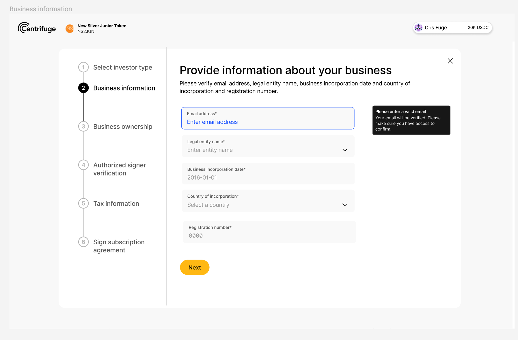 Email verification investor onboarding flow integration v1 issue