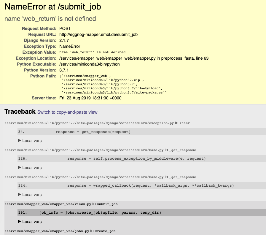 "NameError at /submit_job" eggNOGmapper v2 won't run with my data