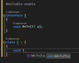 CDATA[ | ||
| /// static implicit I2<Test2>.implicit operator int(Test2 x) |
There was a problem hiding this comment.
I don't see why we would ever format this text. That just feels like a bug.
There was a problem hiding this comment.
i am a little confused how symboldisplay plays into this scenario. i would not expect completion to be using symboldisplay here. that feels like a core bug on its own to me.
There was a problem hiding this comment.
There was a problem hiding this comment.
- kill me
- replace that code with code that just builds the right syntax for what we're generating. it seems not that hard right? it's just member name, type parameters, parameters, constraints.
There was a problem hiding this comment.
replace that code with code that just builds the right syntax for what we're generating
I did that. The code isn't large as I was initially expecting. The only risk I see with this approach is regressing some edge cases, but I'll add more tests.
55dfaf7 to
cd11a40
Compare
cd11a40 to
0b92d20
Compare
| } | ||
|
|
||
| first = false; | ||
| AddType(parameter.Type, builder); |
There was a problem hiding this comment.
any concern about ref-kind?
There was a problem hiding this comment.
@CyrusNajmabadi Yes. This was a bug. Fixed and added a test.
There was a problem hiding this comment.
any need to add params?
There was a problem hiding this comment.
any need to add constraints? i know it's an explicit interface, so normally no. but is there that funky case where we need to know if T? is unconstrained or not?
There was a problem hiding this comment.
any need to add params?
Yes it definitely should be added. It was a working scenario. Fixed in latest commit.
any need to add constraints? i know it's an explicit interface, so normally no. but is there that funky case where we need to know if
T?is unconstrained or not?
This is a scenario that doesn't work well on latest preview already.
The existing behavior is: no ? is added, and no "default" constraint is added.
I'll probably just add the ? for this PR and leave any potential improvements to address separately.
CyrusNajmabadi
left a comment
There was a problem hiding this comment.
Request changes
Submit feedback that must be addressed before merging.
Co-authored-by: CyrusNajmabadi <cyrus.najmabadi@gmail.com>
|
@CyrusNajmabadi Can you review please? Thanks! |
|
Ping @CyrusNajmabadi |
|
|
||
| first = false; | ||
| builder.Append(typeArgument.Name); | ||
| } |
There was a problem hiding this comment.
i would be 100% ok with a stringbuilder extension that takes a TEnumerable and a separator and does this logic :)
There was a problem hiding this comment.
@CyrusNajmabadi A private extension just for this class, or somewhere else for wider usage?
|
I have a few suggestions. If you do not want to take them, just LMK. |
|
@CyrusNajmabadi Thanks. I fixed those you pointed to in addition to other few bugs. |
|
@CyrusNajmabadi This is ready for another look |
|
Thanks! |
Head branch was pushed to by a user without write access
…plicitInterfaceMemberCompletionProvider.CompletionSymbolDisplay.cs Co-authored-by: CyrusNajmabadi <cyrus.najmabadi@gmail.com>
|
@CyrusNajmabadi Auto-merge was disabled as I pushed commits. Can you re-enable? Thanks! |
|
Thanks! |
![image