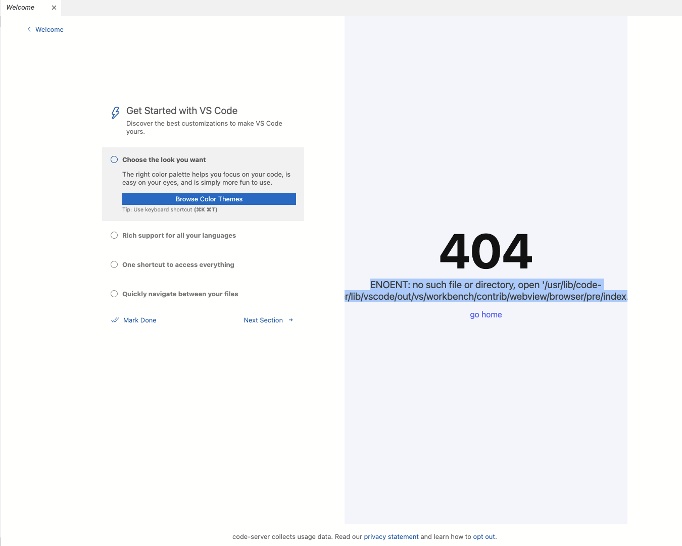 welcome page shows 404 not found · Issue #4173 · coder/code-server · GitHub
