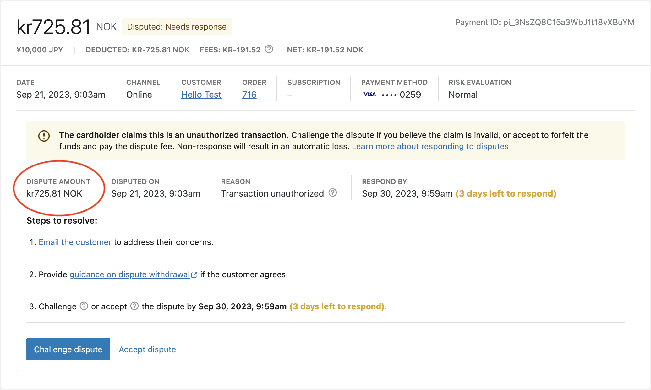 Transaction details → show dispute amount in shopper's transaction