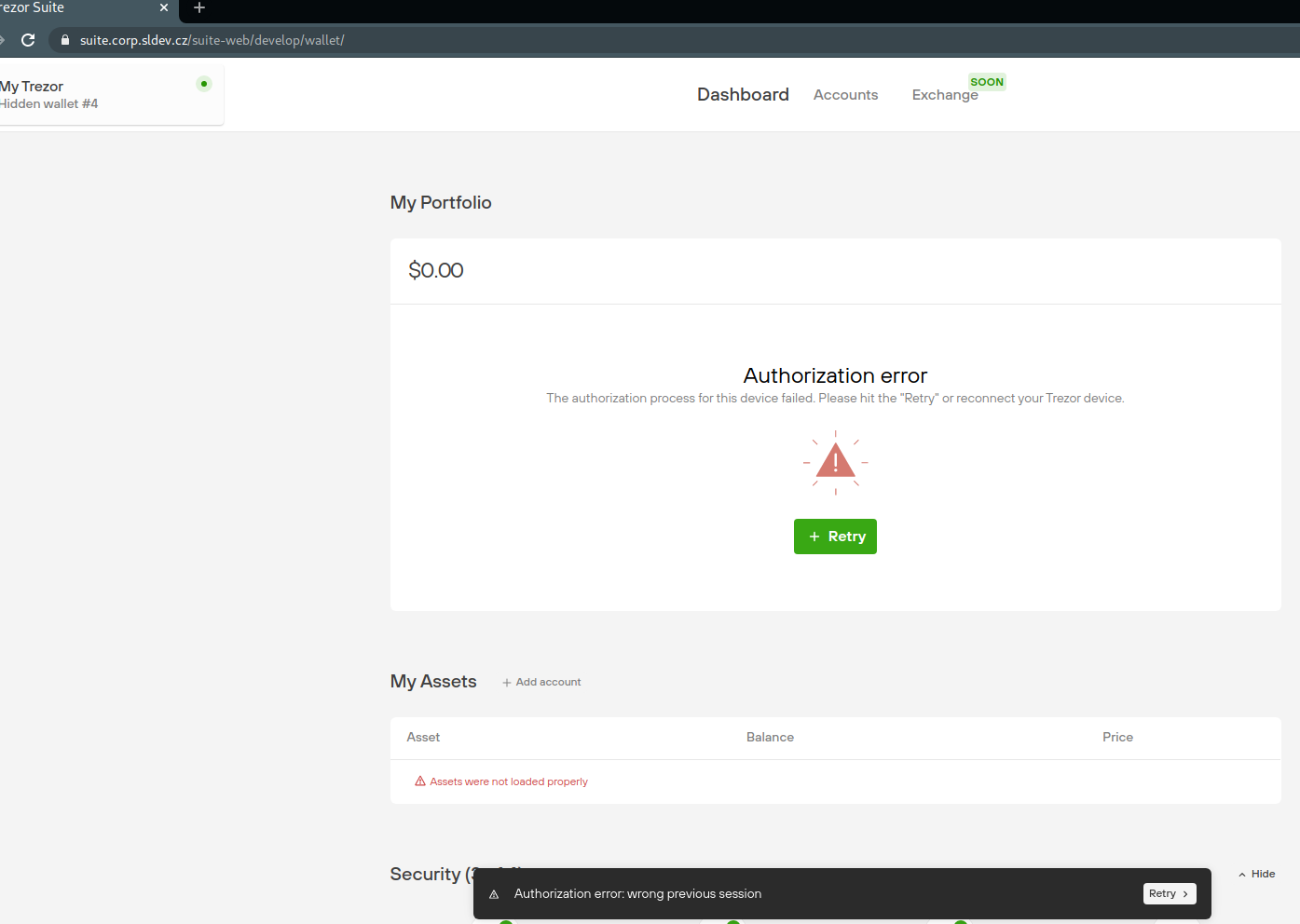 Confirm empty hidden wallet Try again button fails · Issue 2259