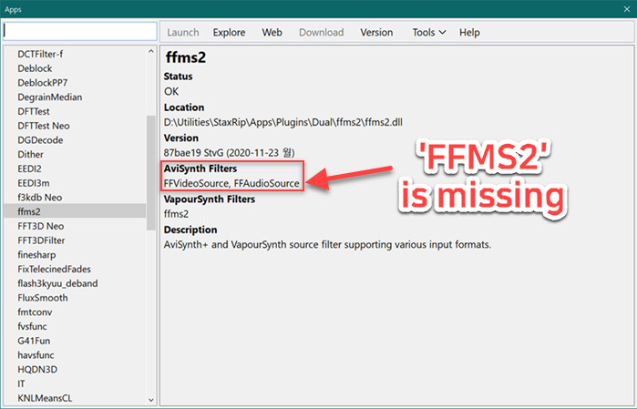 FFMS2 AVS filter is missing for ffms2.dll in Apps Manager · Issue #448 ...