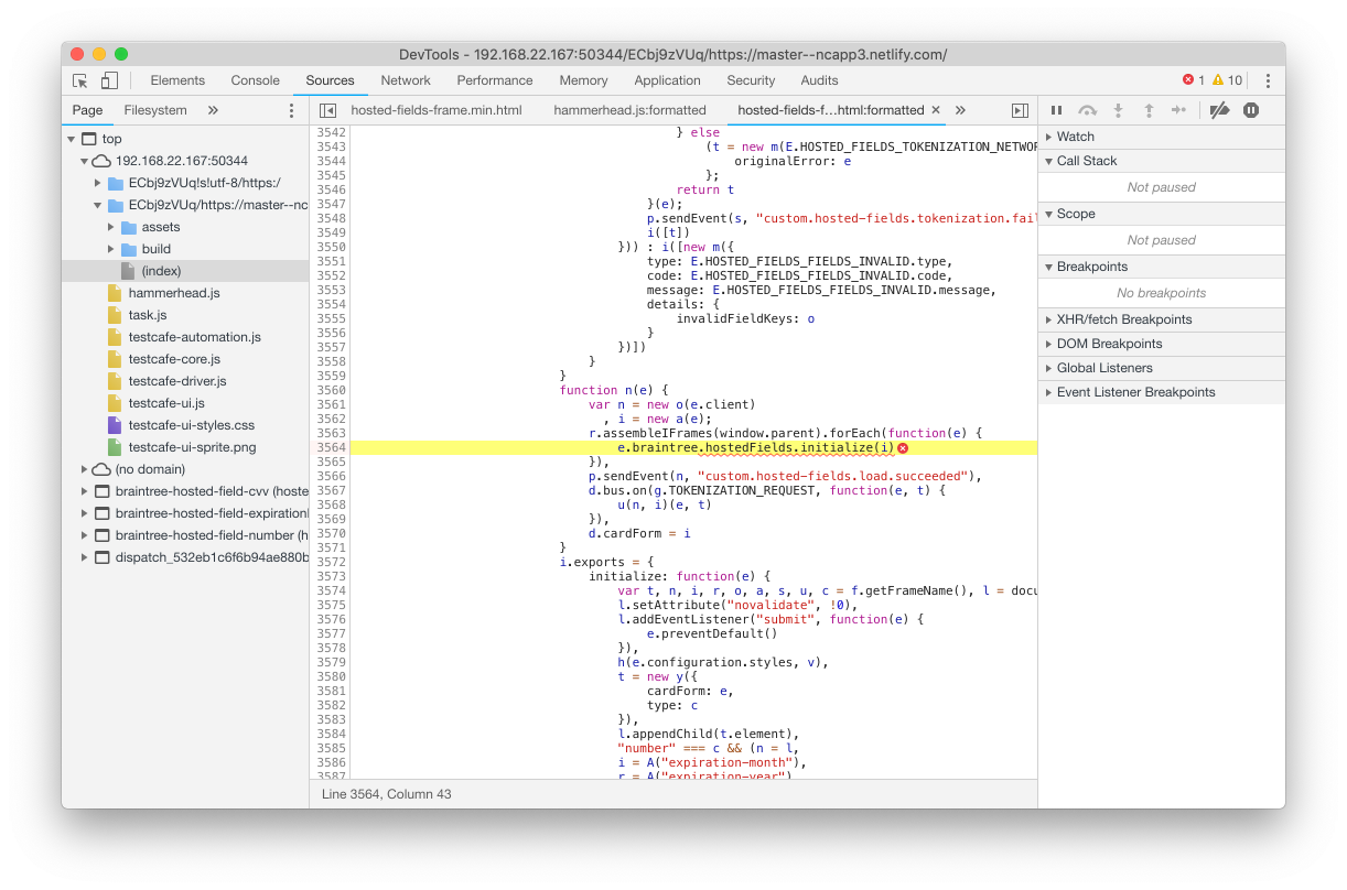 Uncaught TypeError Cannot read property ‘hostedFields’ of undefined