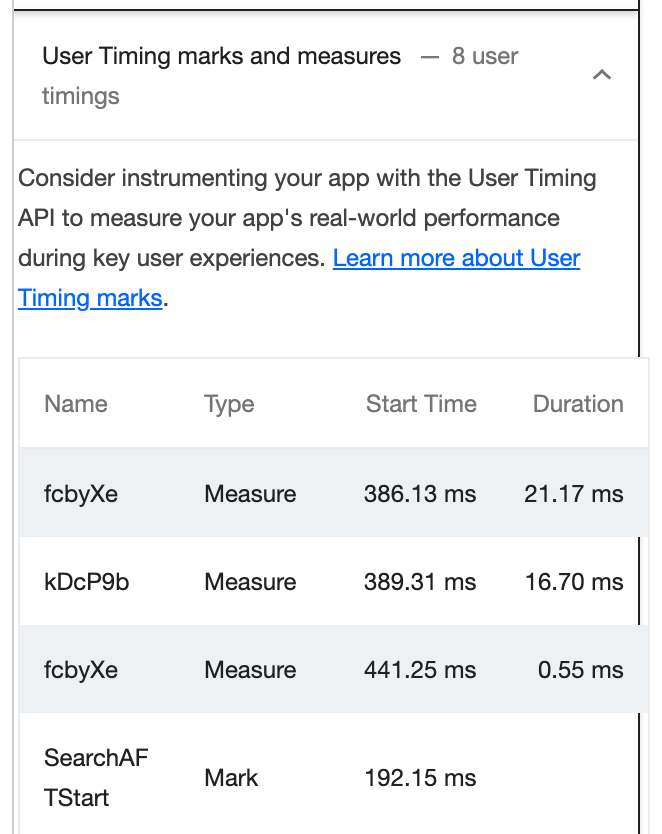Chrome DevTools Lighthouse report with content running out of the side of a table