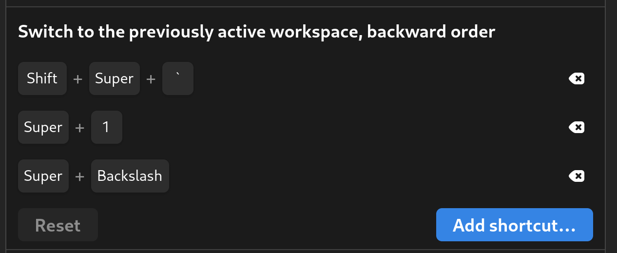 GNOME 44 `Super + Shift + Above_Tab` works in the forward direction