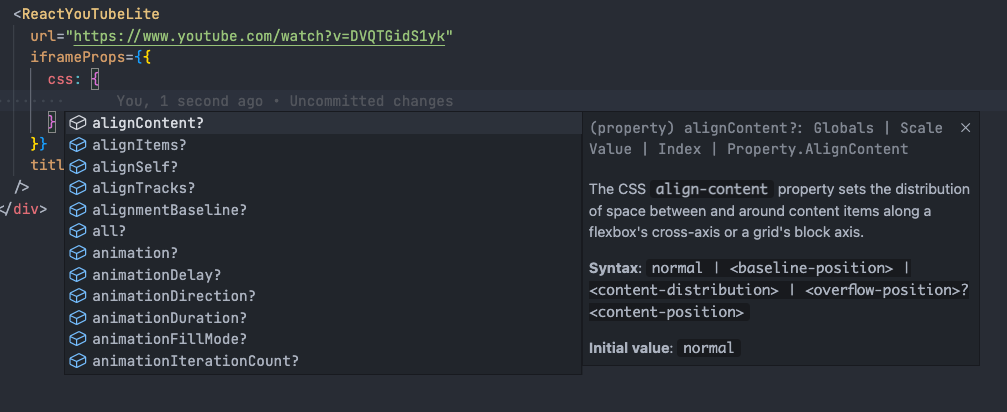 Props example of the css prop inside the frameProps attribute
