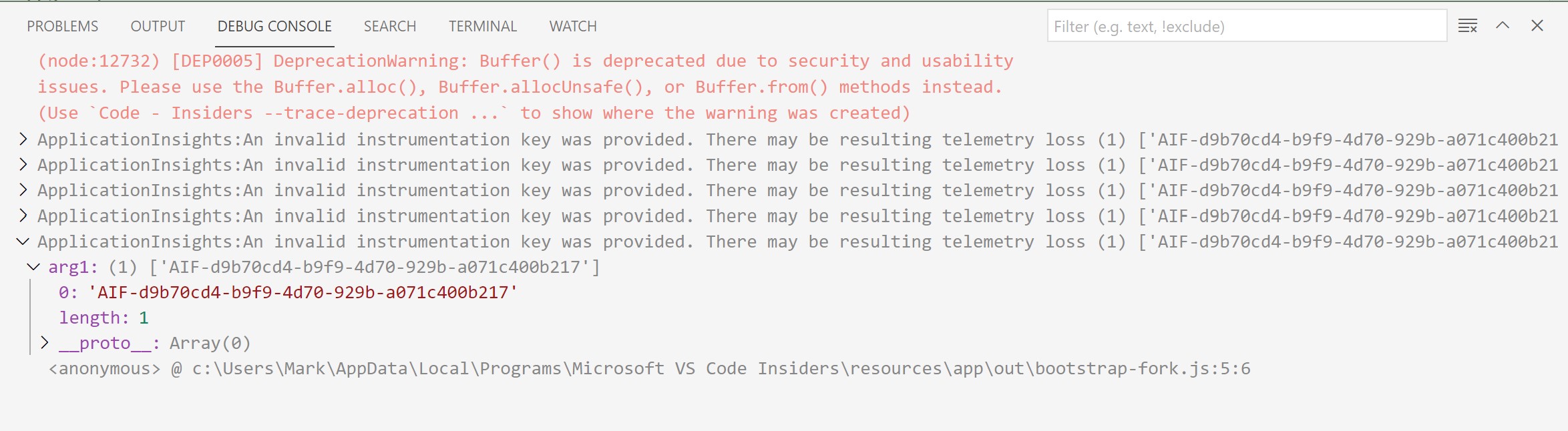 Insiders "ApplicationInsightsAn invalid instrumentation key was