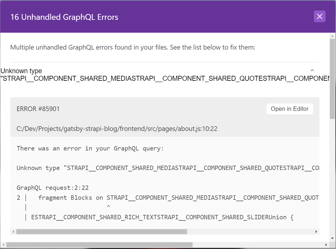 Strapi Starter Gatsby Blog Frontend won't start ; "gatsbysourcestrapi