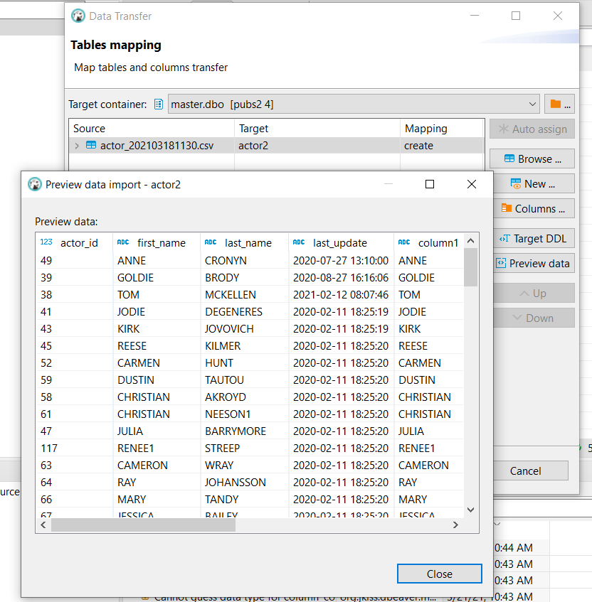 Values are truncated during the export from csv to non-existing table ...