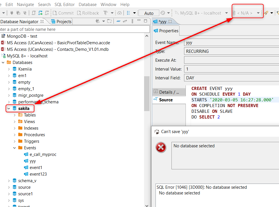 MySQL events cannot be saved no active db · Issue 7428 · dbeaver