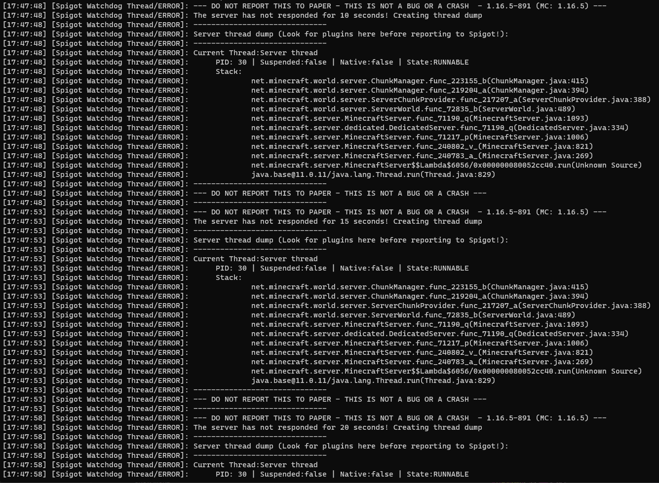 [1.16.5] Server hangs in infinite loop, with a thread dump. · Issue