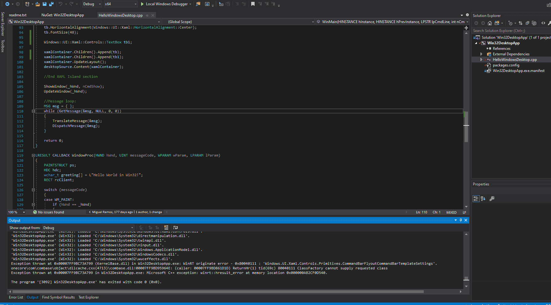 C++ Xaml Islands application attached to debugger crashes on right ...