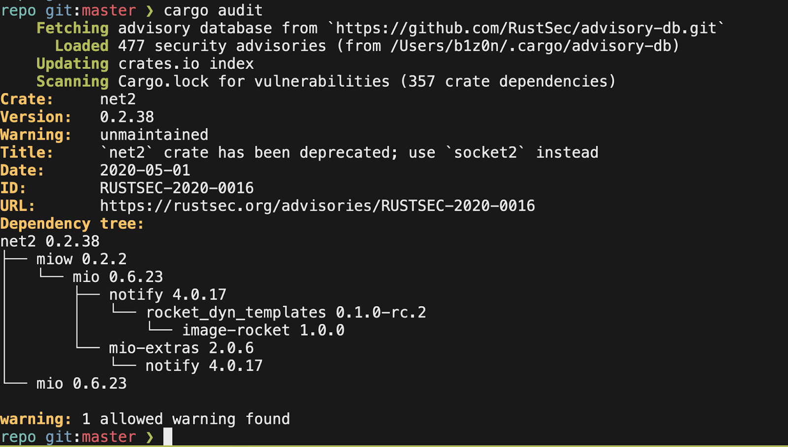 cargo audit reporting the dependency tree clean