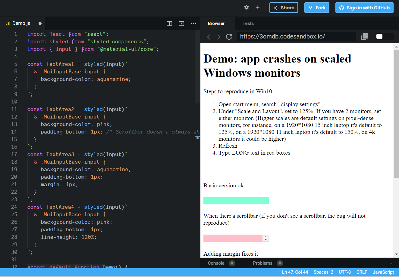 [Textarea] May crash on scaled windows monitors because Chrome renders