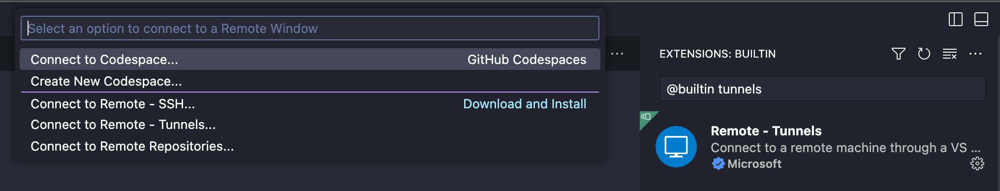 Connect To menu shows installed extensions as needing to be installed ...