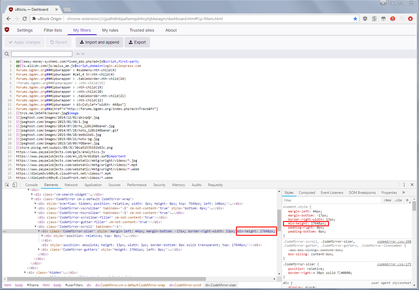 Lose all scrollbars in [My filters, My rules and Trusted sites ...