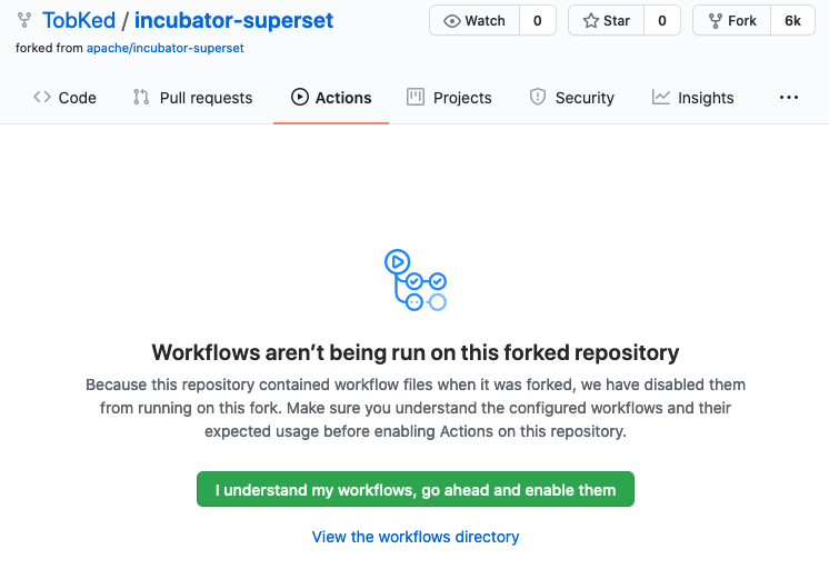 Workflows aren’t being run on this forked repository. Because this repository contained workflow files when it was forked, we have disabled them from running on this fork. Make sure you understand the configured workflows and their expected usage before enabling Actions on this repository.