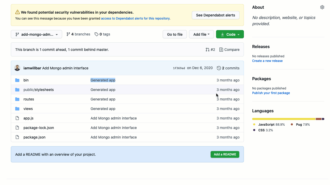GIF of dependency review on commit diff