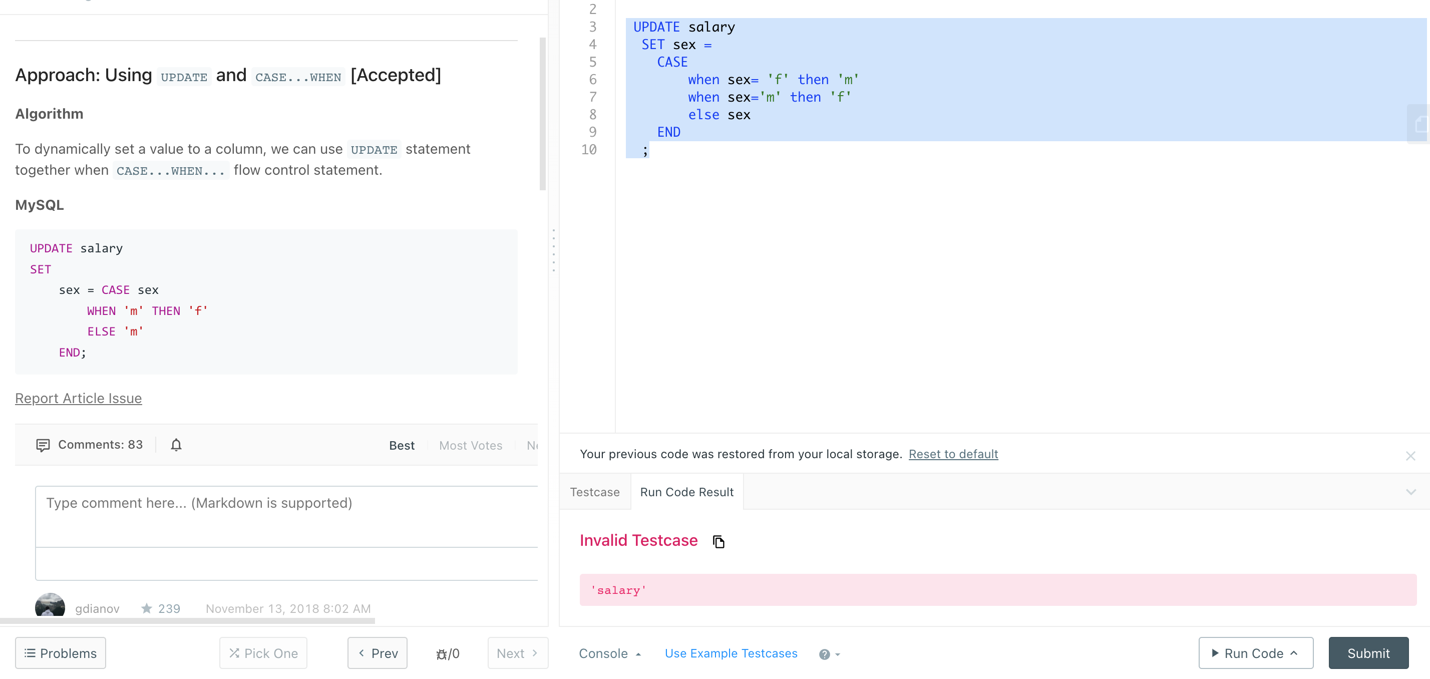 627. Swap Salary : Incorrect test case expects SELECT instead of UPDATE  statement · Issue #6868 · LeetCode-Feedback/LeetCode-Feedback · GitHub