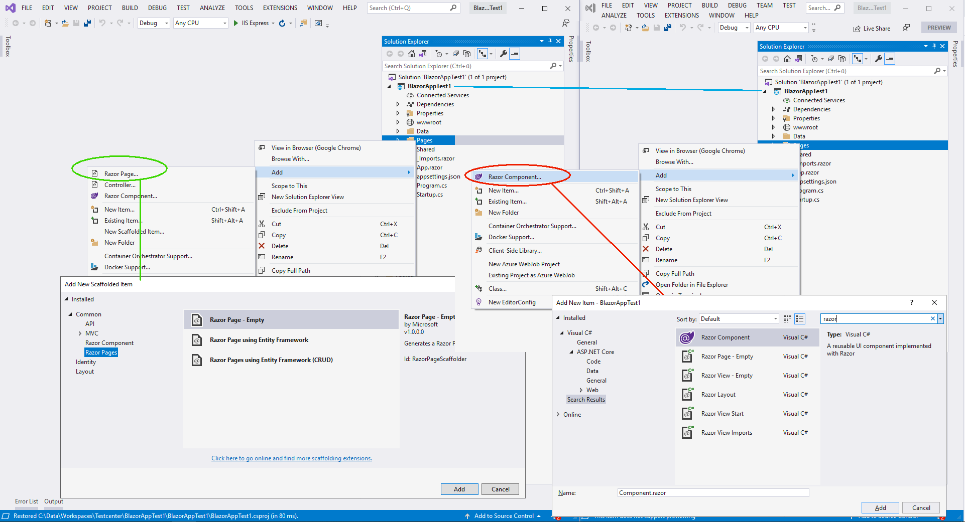 The option to add razor pages with entity framework models went missing