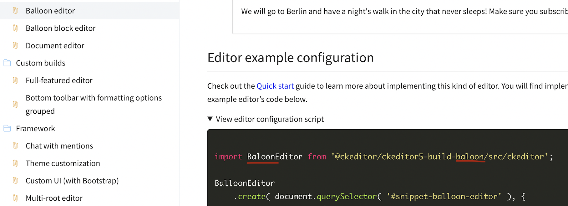 The balloon editor example page has a double typo in imports in ...