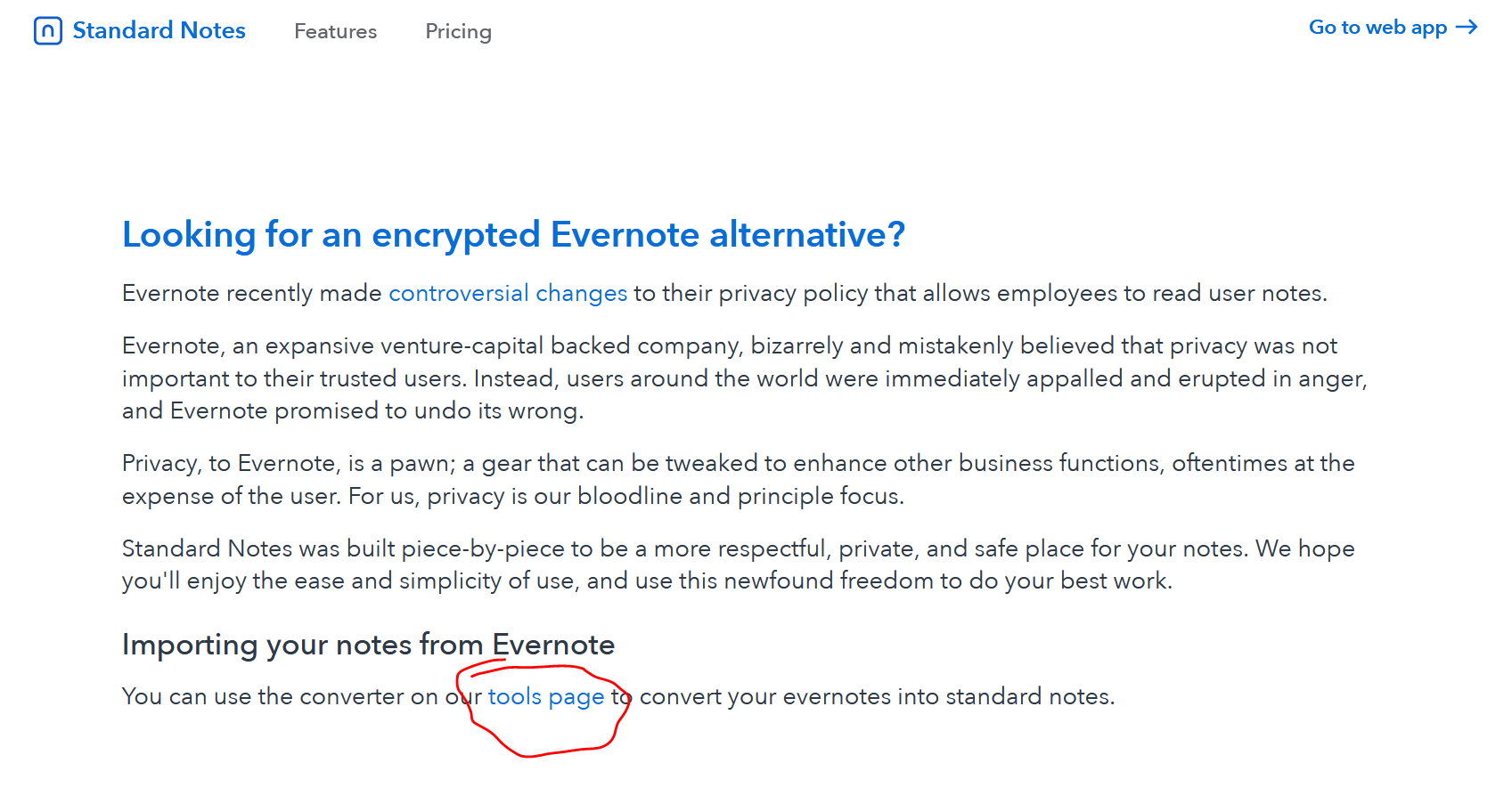 "Tools page" link on "evernote-alternative" page is a broken link ...