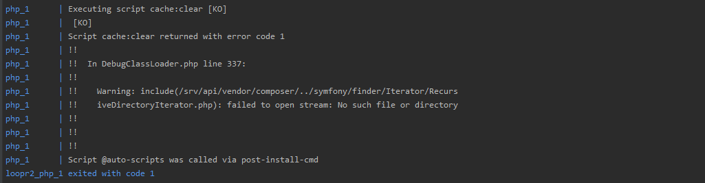 Cant start app in docker: Script cache:clear returned with error code 1 ...