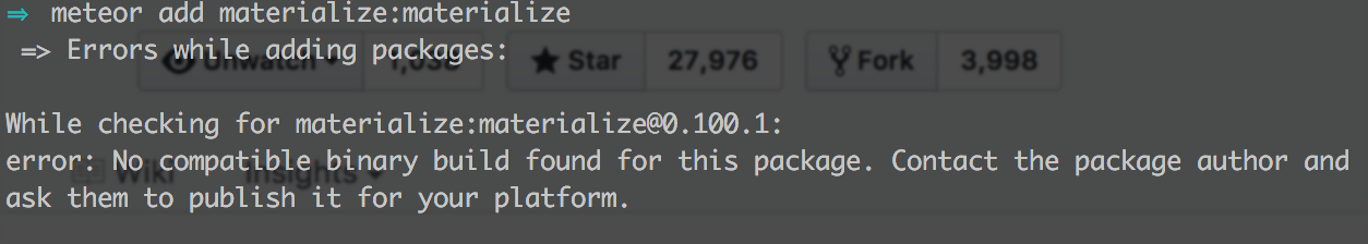 Can't install materialize with `meteor add materialize:materialize ...