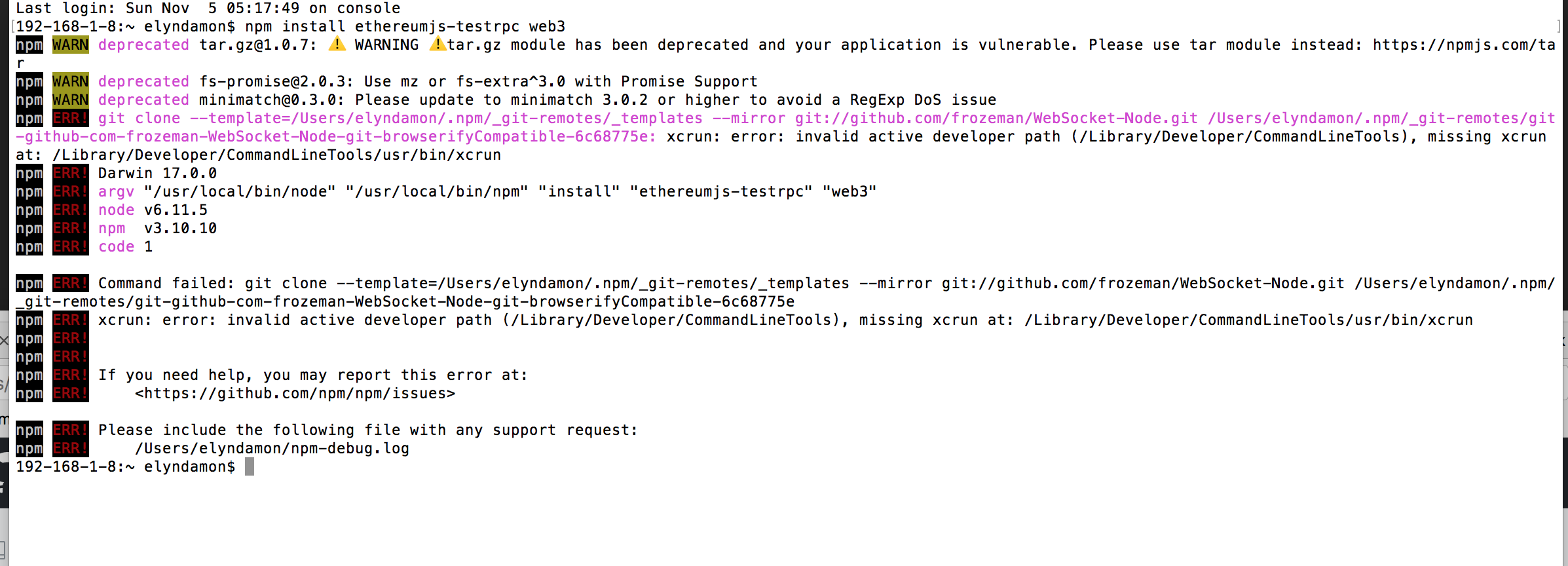 Failure of $ npm install ethereumjs-testrpc web3 · Issue #19067 · npm ...
