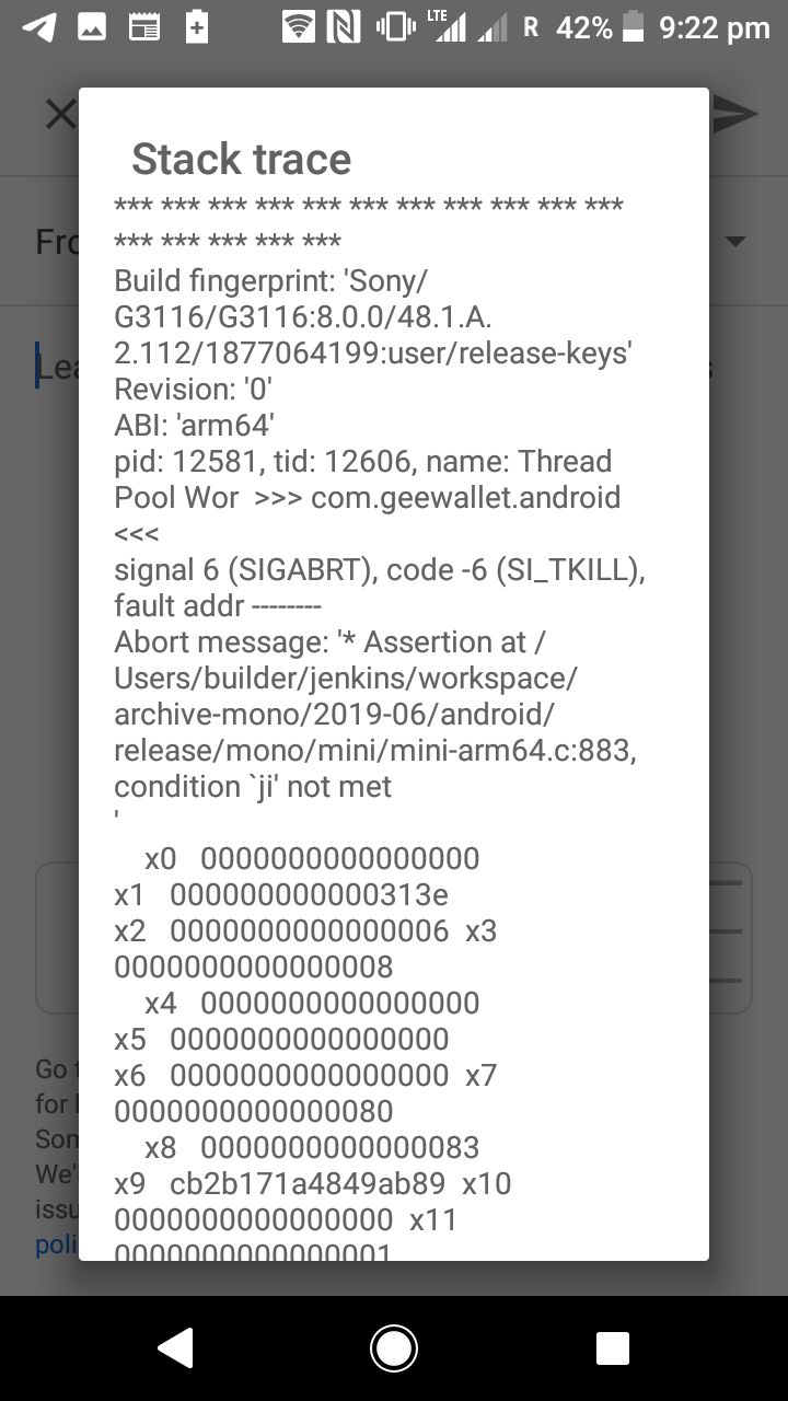 Native crash (SIGABRT): assertion at mini-arm64.c:883, condition `ji ...