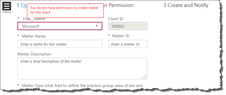 "You do not have permission to create matter for this client" error ...