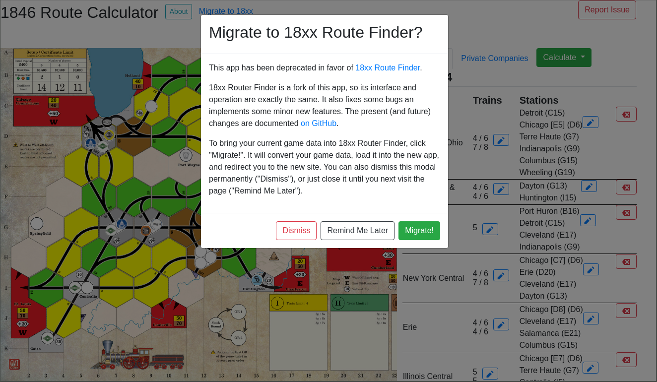 Displaying the Migrate to 18xx Route Finder modal