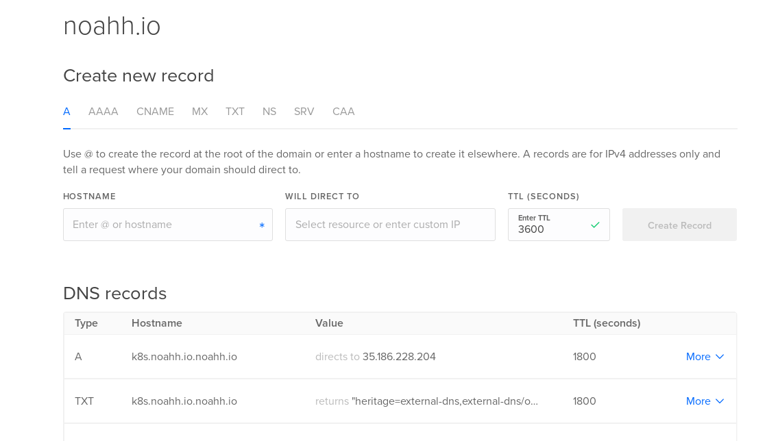 digitalocean control panel showing bad external-dns record