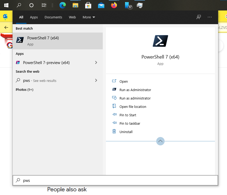 powershell found by windows-start-menu-search, if run as adminstrator ...