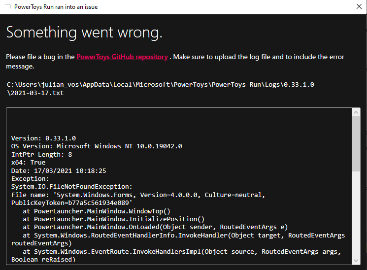 PowerToys Run crashed on open · Issue #10280 · microsoft/PowerToys · GitHub