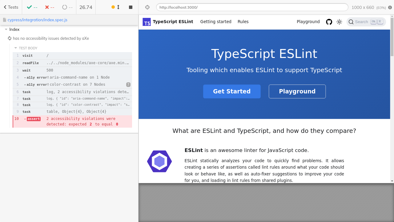 Screenshot of "Index -- has no accessibility issues detected by aXe (failed)" with accessibility violations on aria-command-name and color-contrast