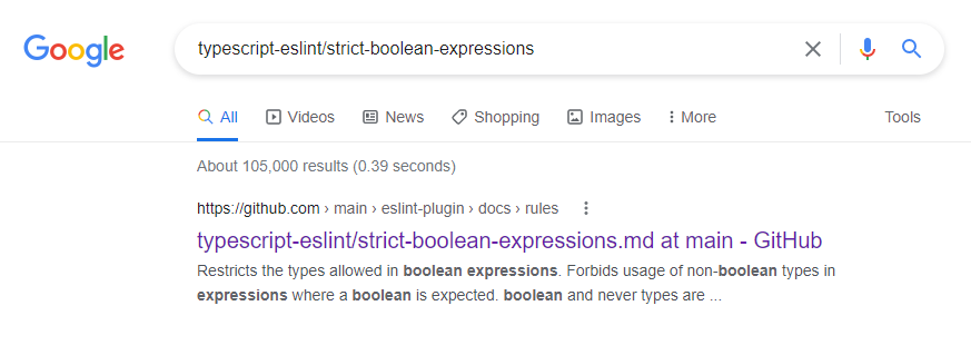 Screenshot of searching "typescript-eslint/strict-boolean-expressions" on Google and getting the .md file