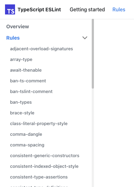 Screenshot of typescript-eslint.io left sidebar with rules