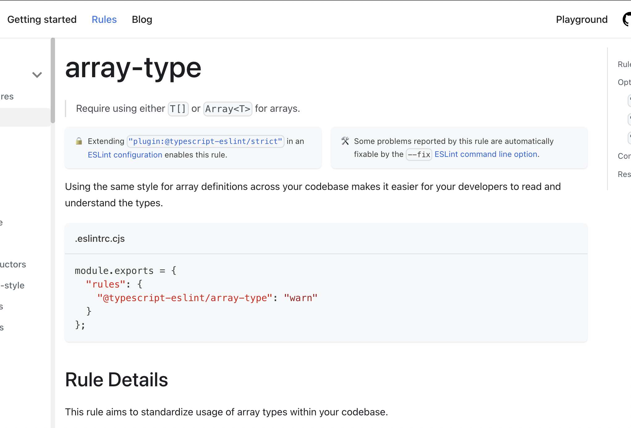 Screenshot of the array-type rule with a row of two half-width admonitions for rule attributes