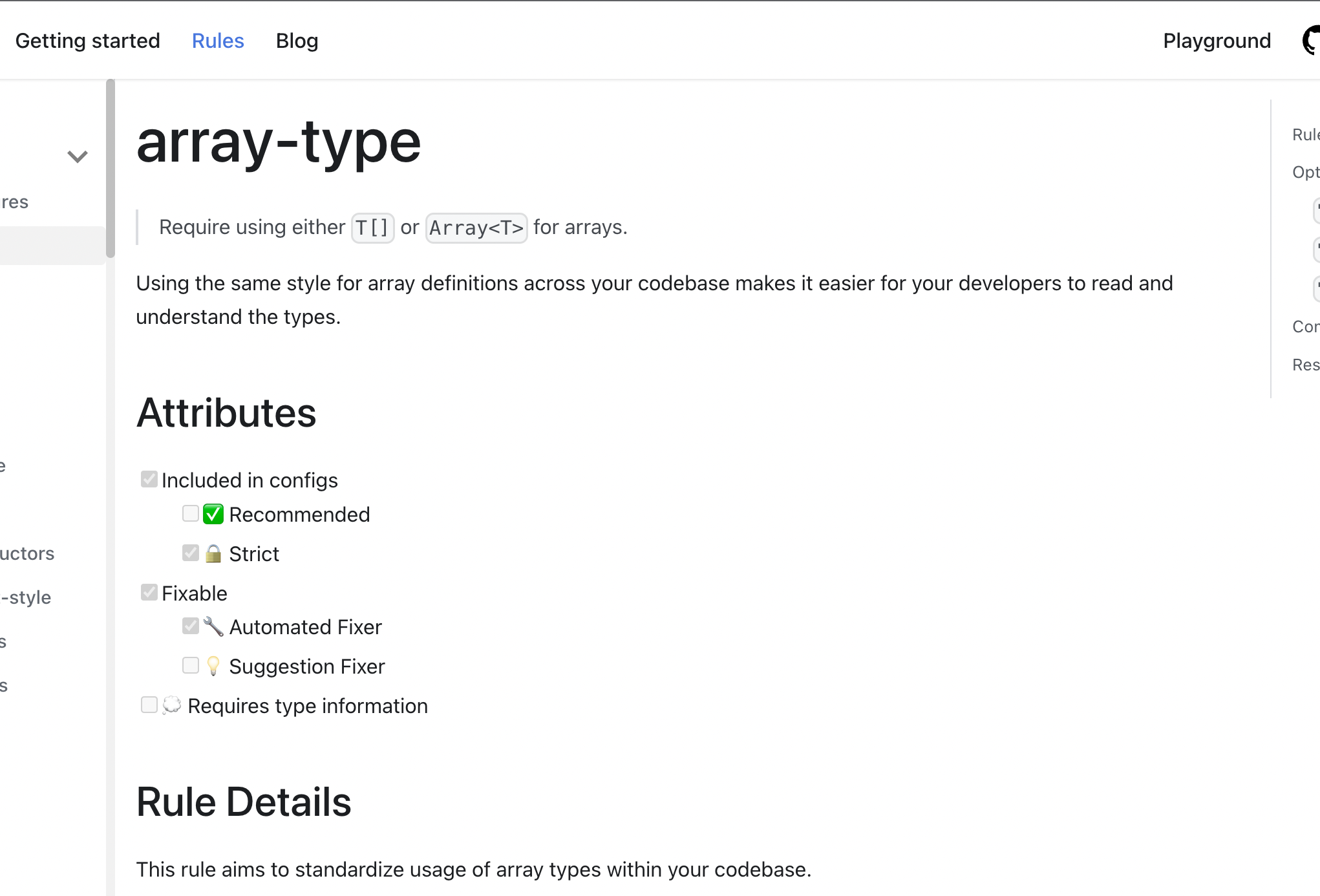 Screenshot of the array-type rule with a list for rule attributes