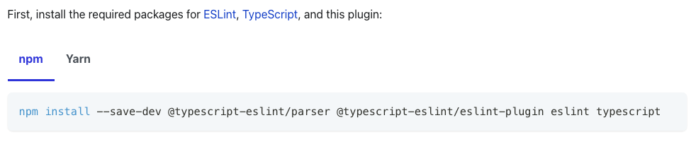 Screenshot of npm and yarn instructions in our getting started docs page