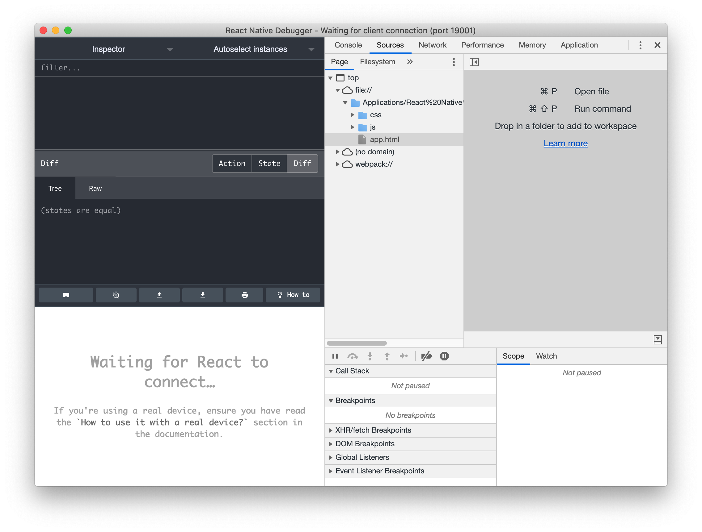 Screenshot of React Native Debugger waiting for client connection