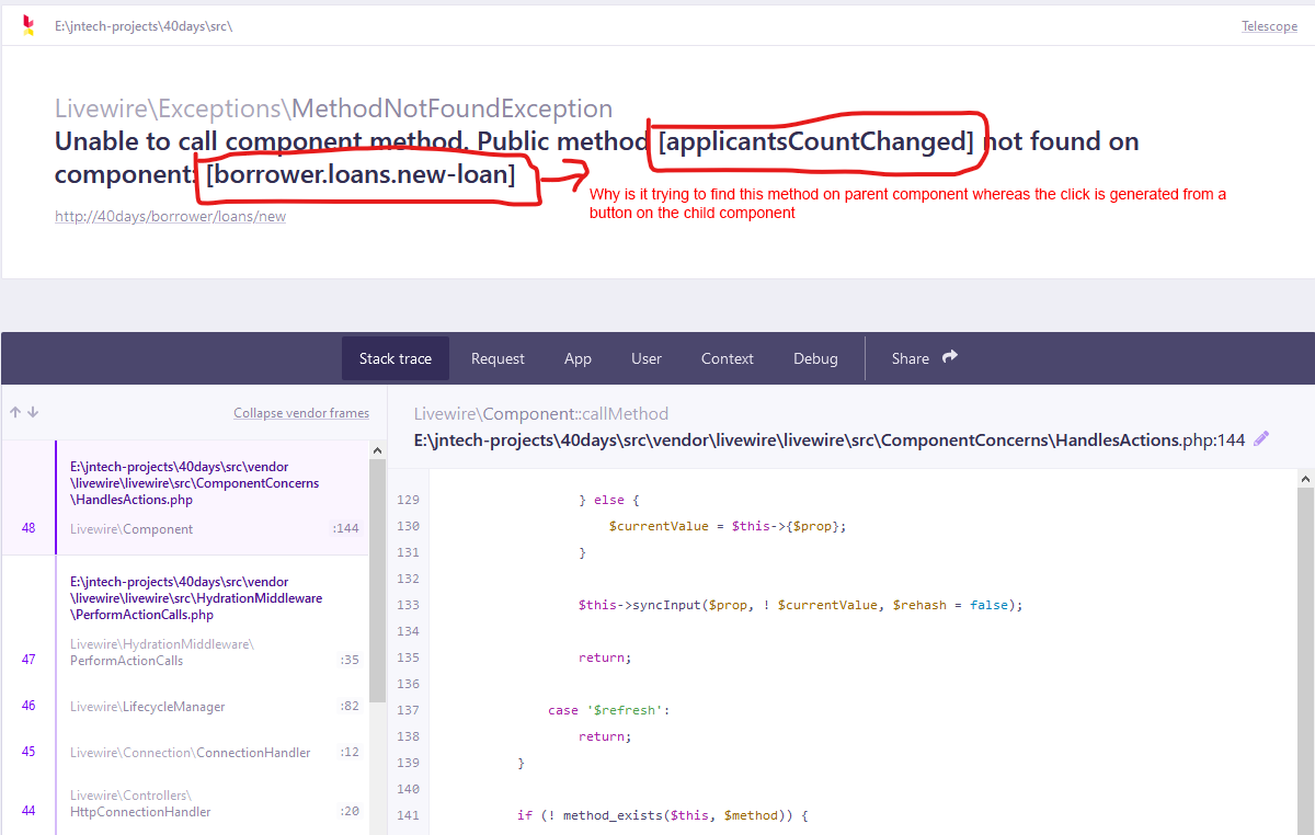 Child component wire:click complains about missing method on parent ...
