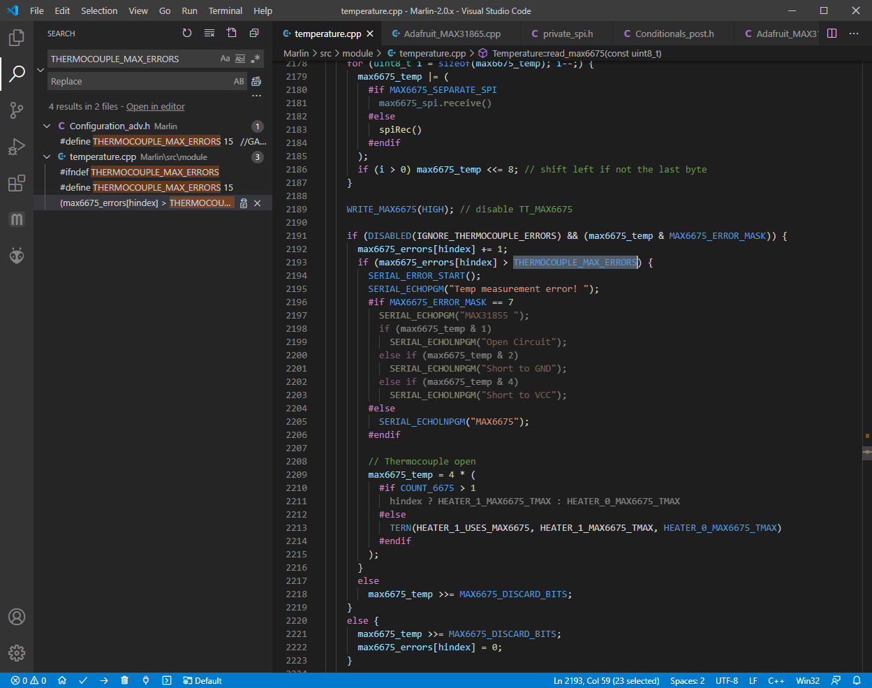 Improve Comments on EXP1...
@code505 I just found something that might be the cause of your MAX31865 board not running properly. In my manual I told you to do the following in pins_BTT_SKR_PRO_common.h file:...
@code505 To try to get rid of that problem I suggest you read the section in configuration_adv.h file on temperature. I have not personally used this Marlin variable yet. But...
@code505 I found where the **TEMP MEASUREMENT MAX6675** error message is coming from: ![THERMOCOUPLE_MAX_ERRORS causing the TEMP MEASUREMENT ERROR message _page 1 
