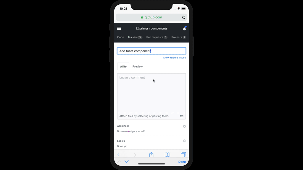 Screencast showing creating a new issue from mobile web