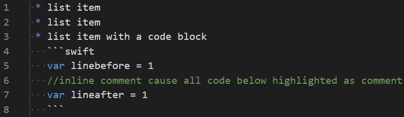 Syntax highlighting issue for swift inline comment in a markdown code ...